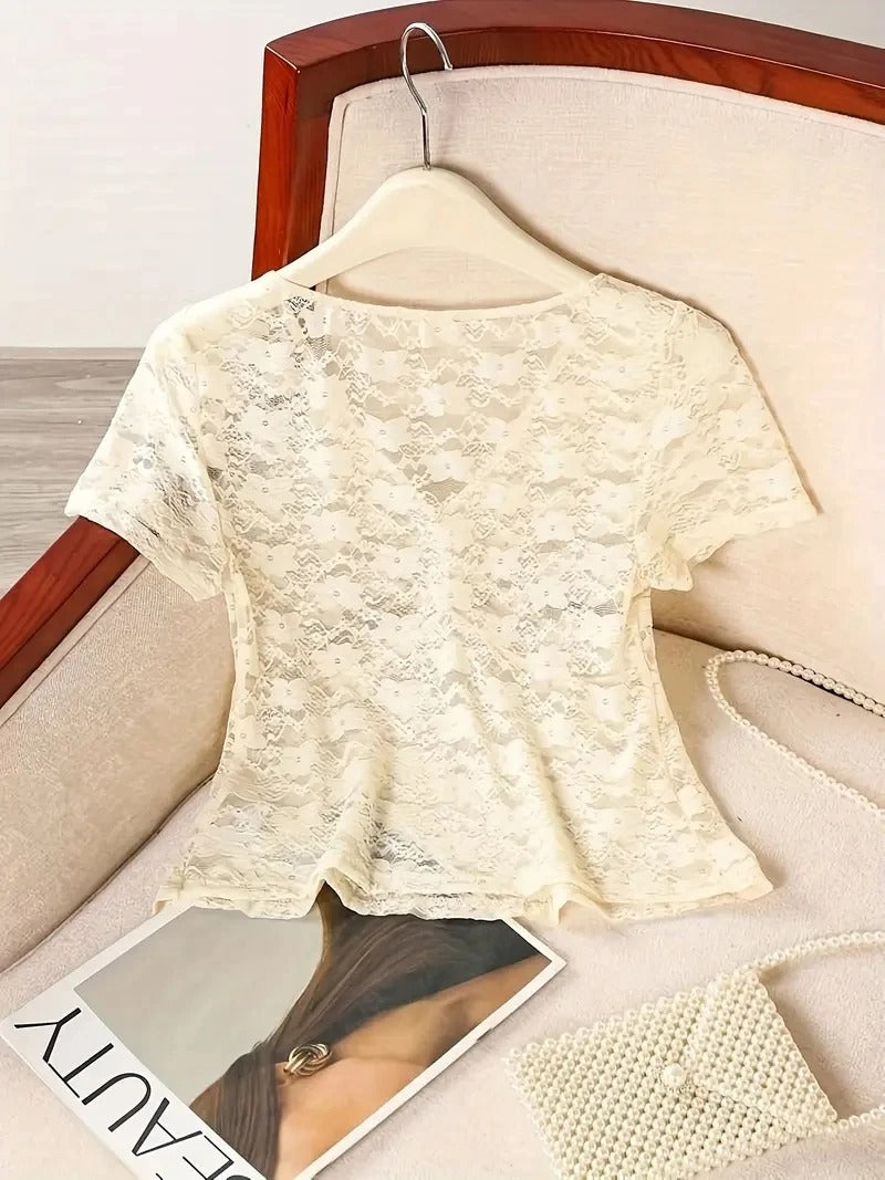 Women's Lace Top Ruched V Neck Slim Fit Y2K Going Out Blouse - Seldom Seen Styles