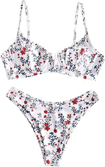 Damen Bügel-Bikini, Blumenmuster, hochgeschnittenes Bikini-Set, V-Bügel, zweiteiliger Badeanzug