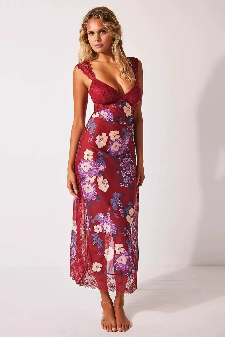 Robe longue à fleurs en dentelle, dos nu, bretelles, fente, mode féminine
