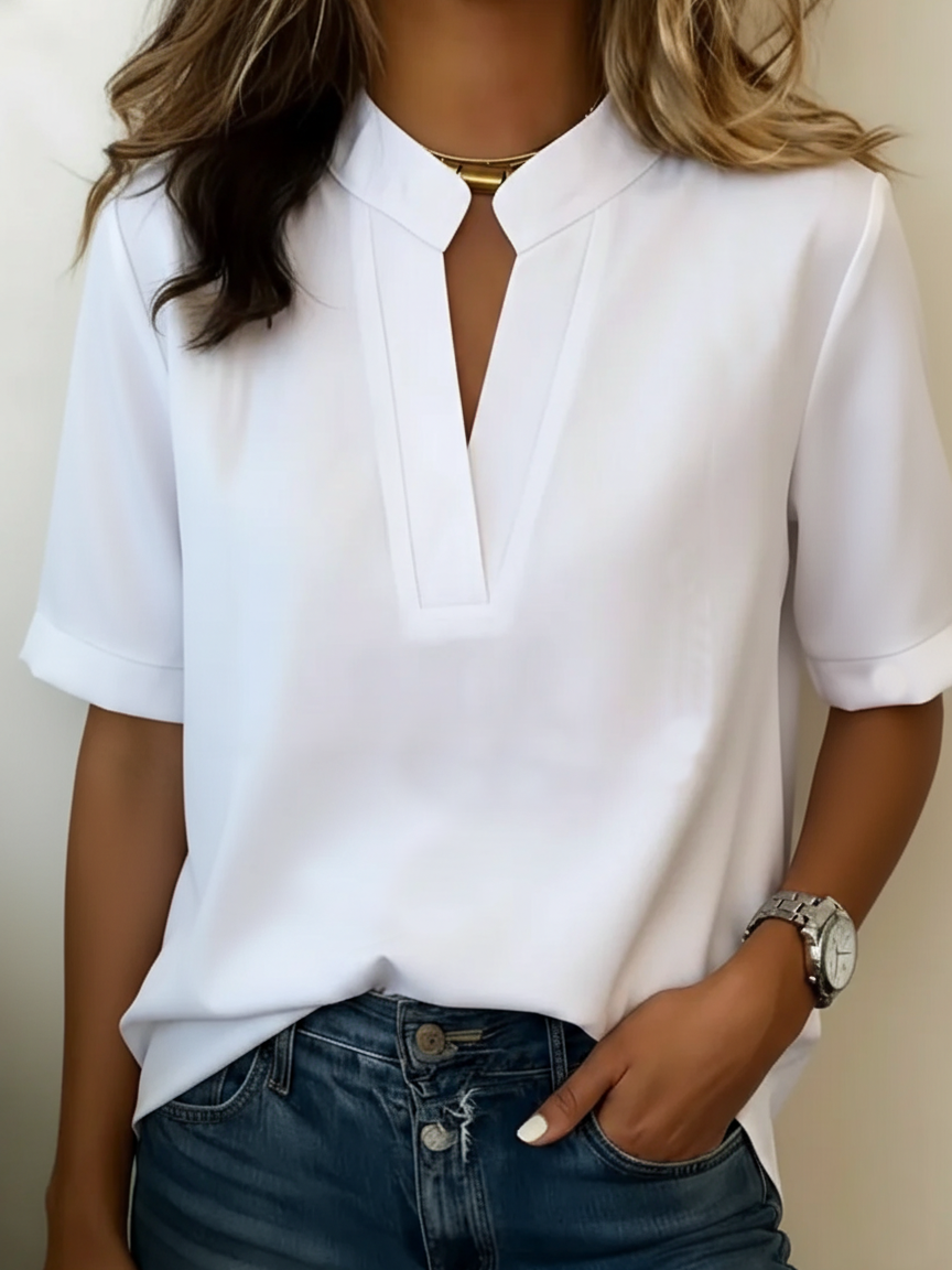 Women's Elegant V-Neck Blouse Short Sleeve Flowy Chic Shirt Casual Work Office Summer Vacation Outfit