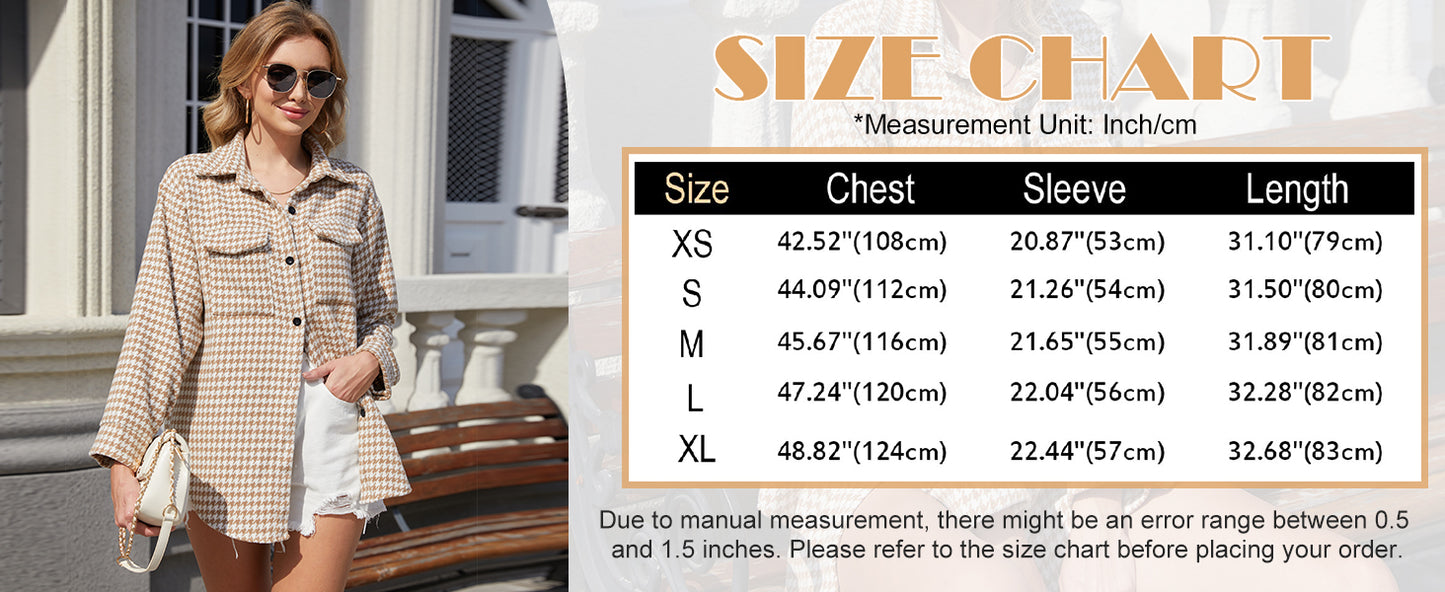 Plaid Jacket Women Casual Houndstooth Jacket Flannel Shacket Loose Long Sleeve Shirt Button Down Shacket with Pockets - Seldom Seen Styles