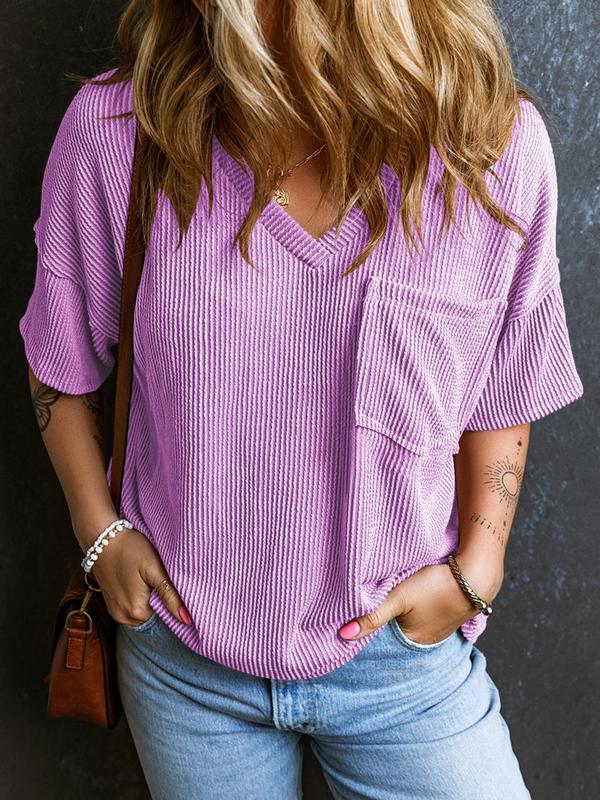 Women's Plain Textured Pocket V Neck Tee, Casual Drop Shoulder Half Sleeve T-Shirt for Summer, Ladies Clothes for Daily Wear, Casual Fashionable Top, Cute Tops, Cute Tops