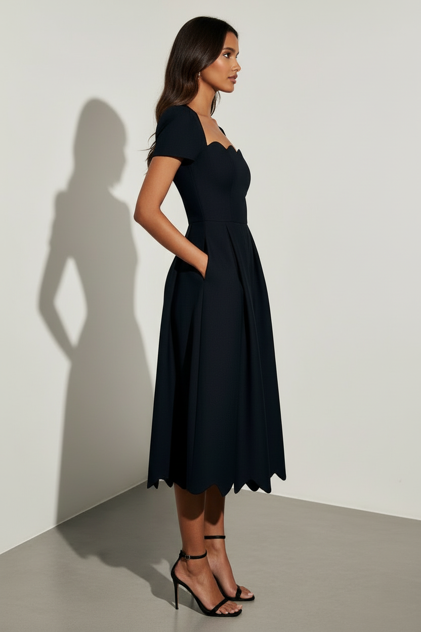 Scalloped Neckline Midi Dress with Refined Silhouette - Seldom Seen Styles