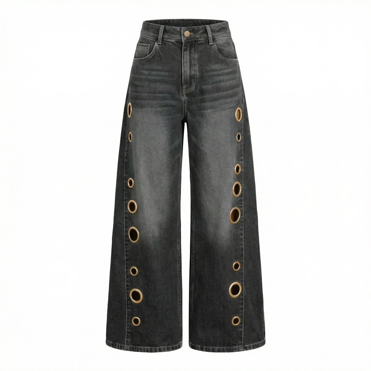 Women's High Waisted Wide Leg Jeans Rivet Detail Straight Leg Denim Pants - Seldom Seen Styles