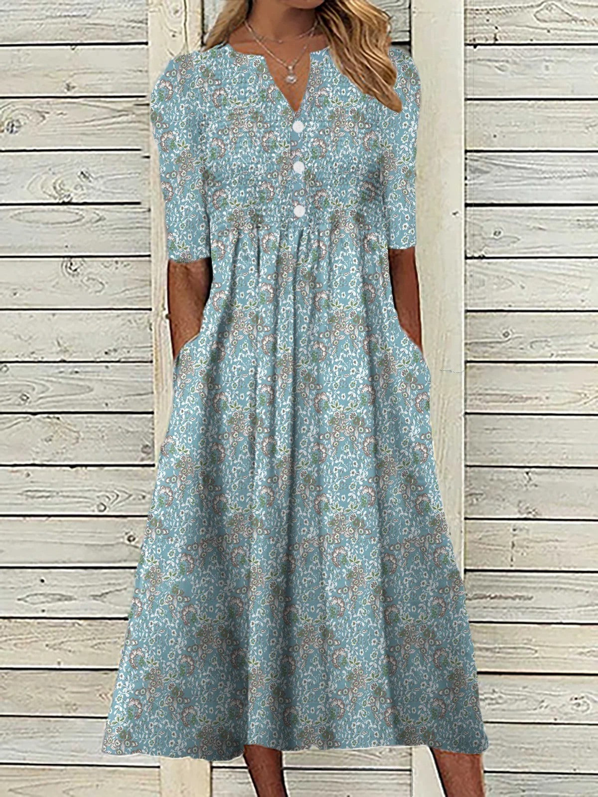 V-neck Casual Loose Floral Vacation Half Sleeve Midi Dress - Seldom Seen Styles