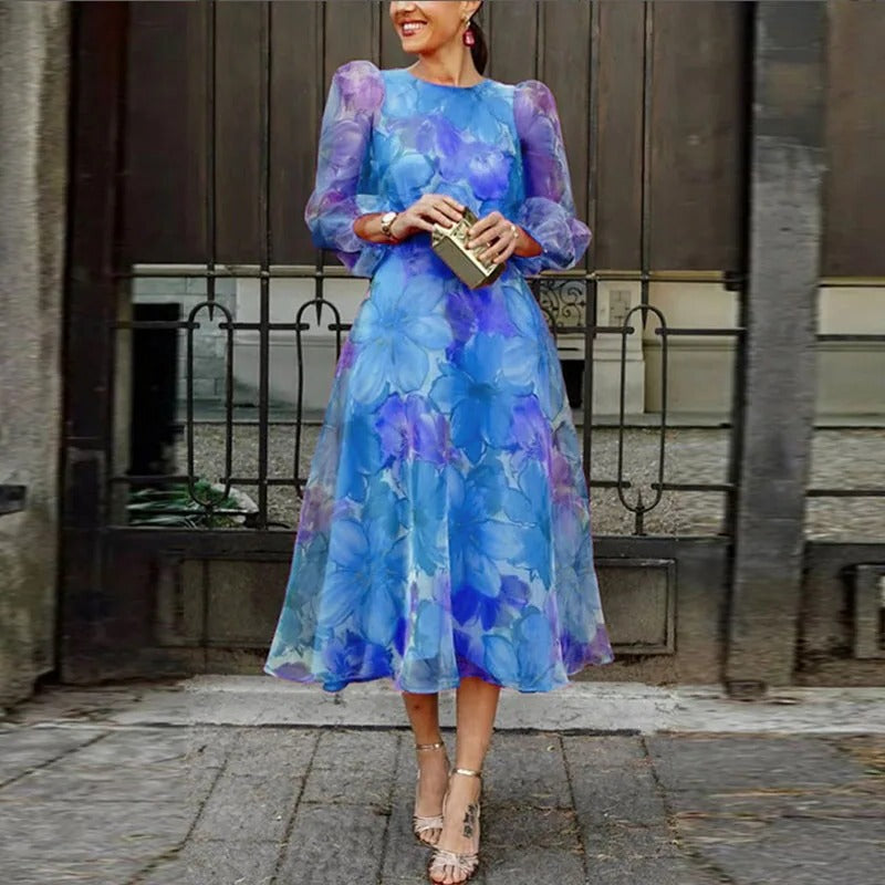 Floral Midi Dress with Sheer Long Sleeves - Seldom Seen Styles