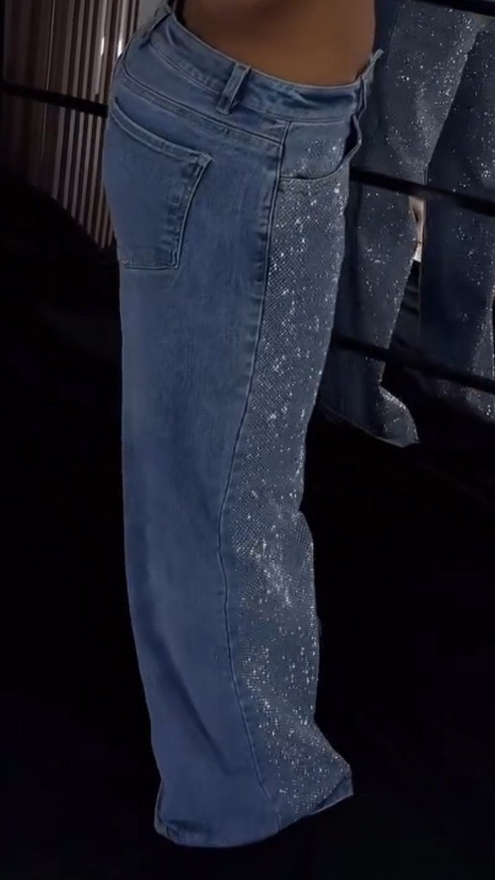 Women's Single-sided Rhinestone Wide-leg Casual Jeans - Seldom Seen Styles