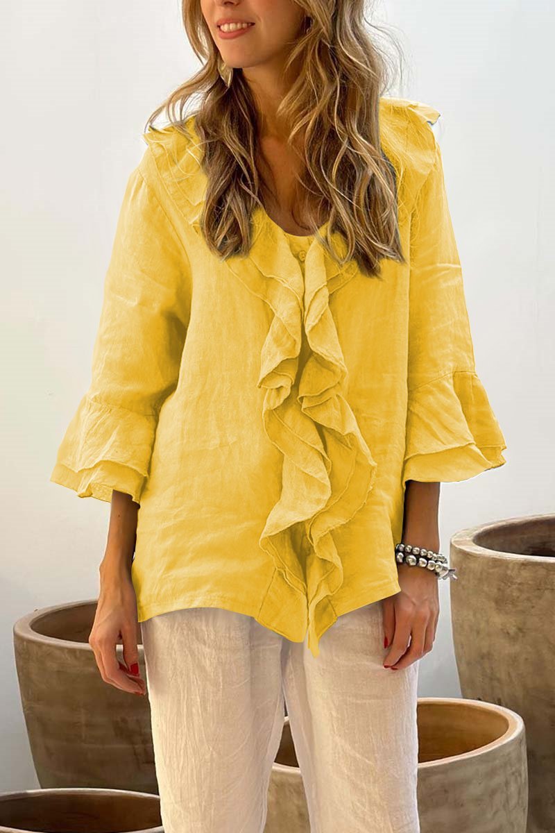 Women's casual ruffle collar cotton and linen tops - Seldom Seen Styles