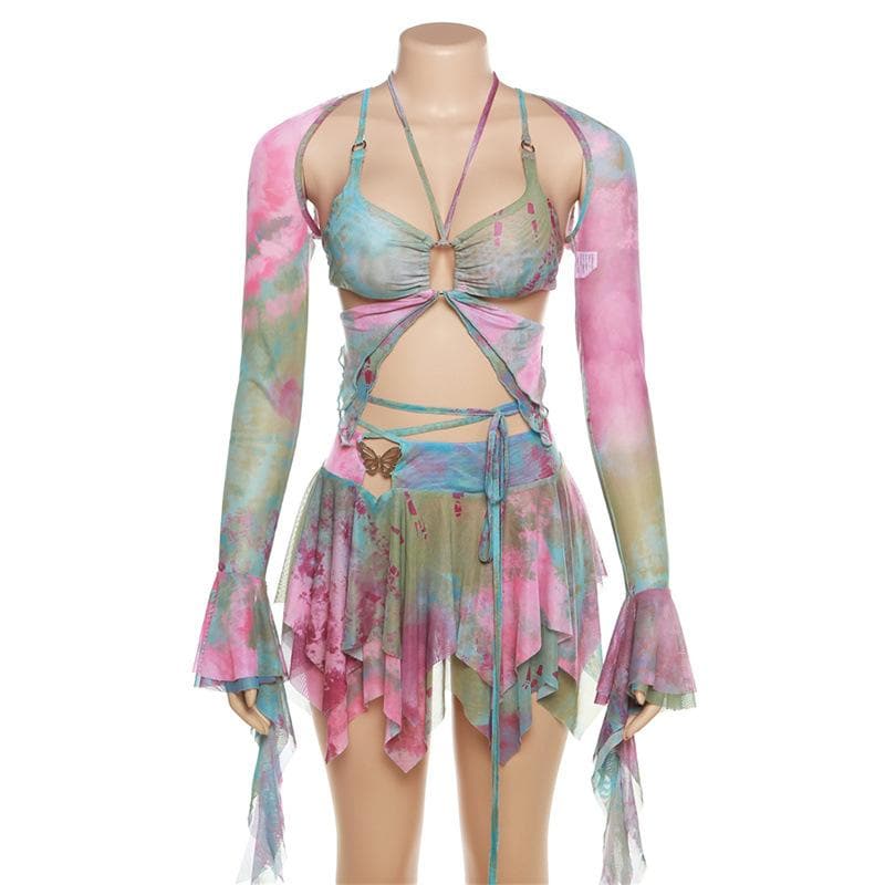 Flared sleeve tie dye o ring self tie halter low cut mini skirt set - Seldom Seen Styles