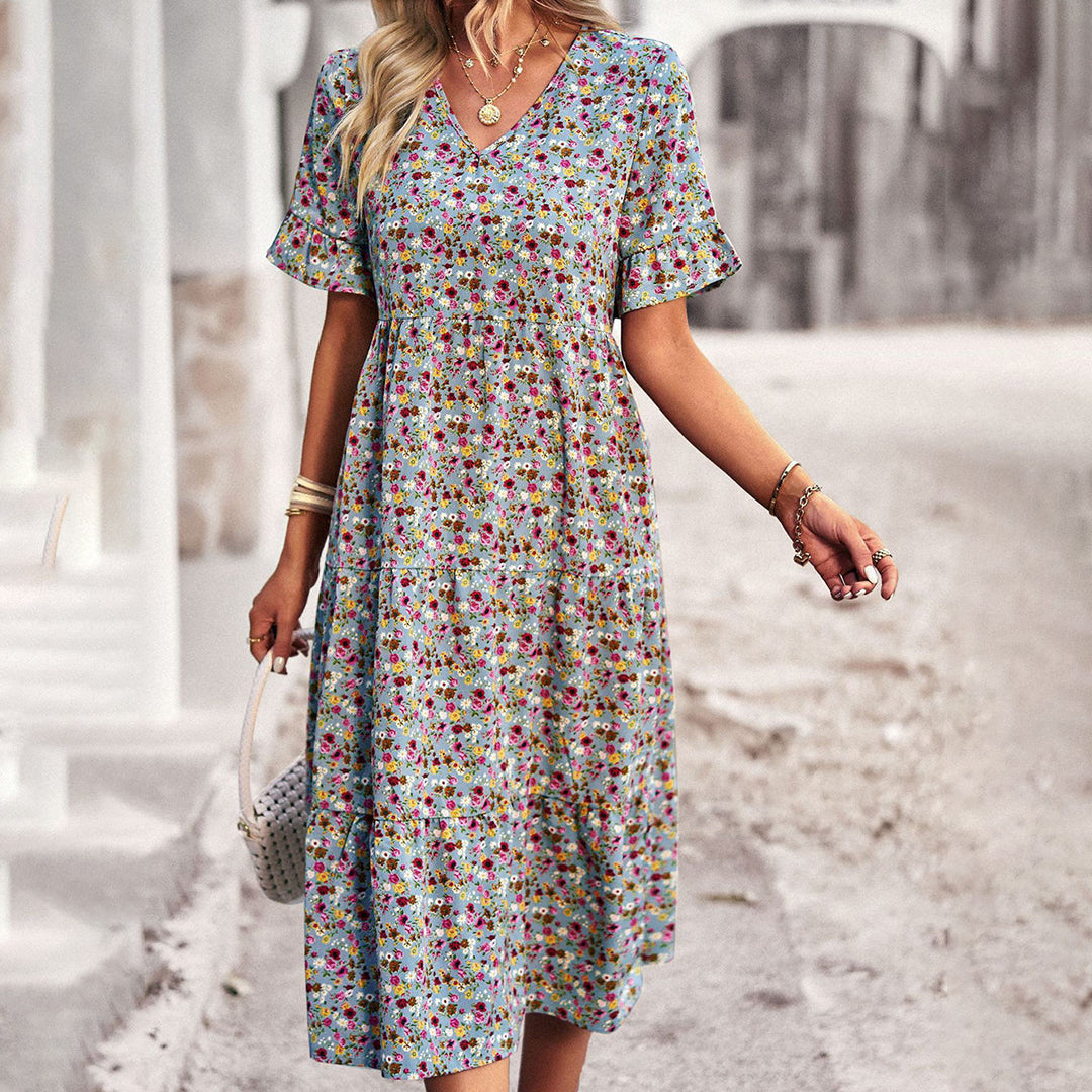 Lauren | Women's V-Neck Ruffle Sleeve Midi Dress - Seldom Seen Styles