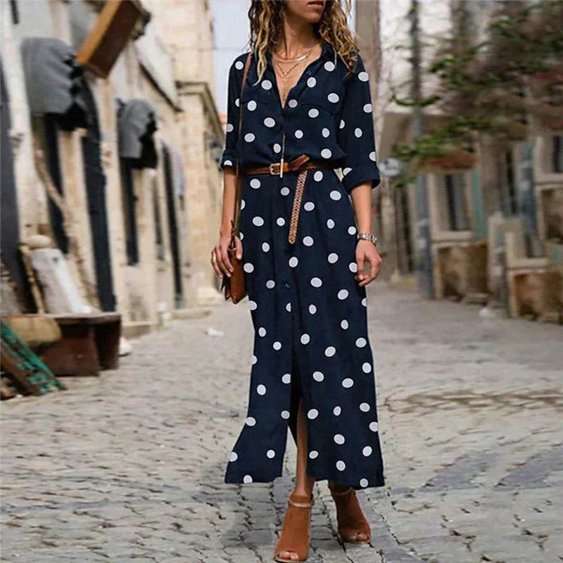 Stella | Women's Polka Dot Maxi Dress Long Sleeve Button-Down Shirt Dress - Seldom Seen Styles