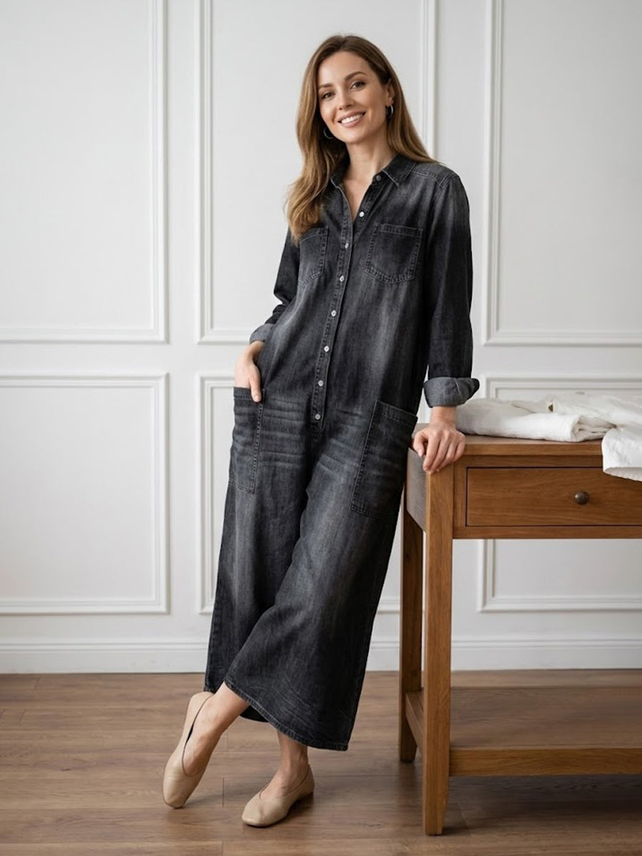 Womens Washed Dark Denim Pocket Button Down Jumpsuit - Seldom Seen Styles