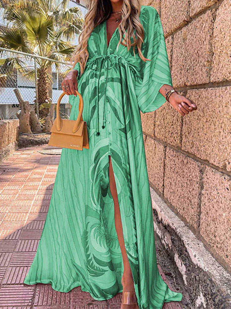 Paige Linen Blend Loose Floral V-Neck Long Sleeve Maxi Dress - Seldom Seen Styles