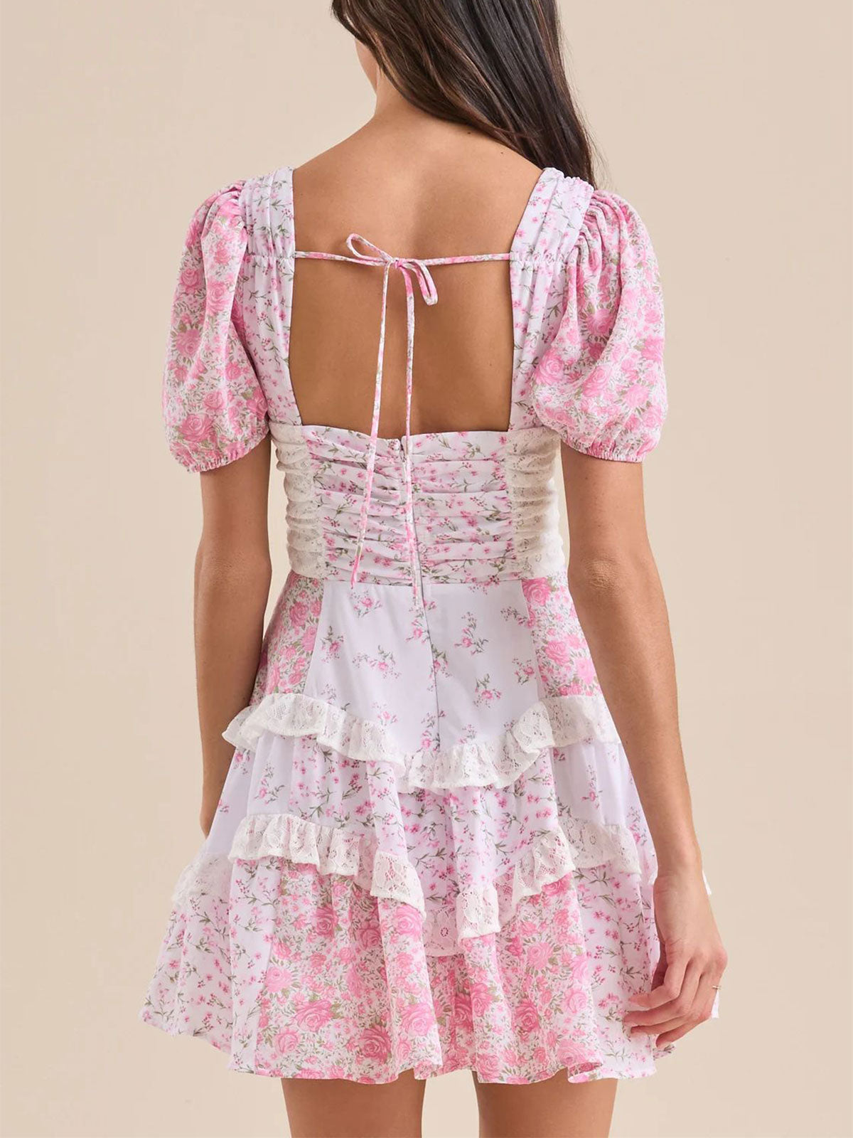 Retro Floral Puff Sleeve Pleated Resort Lace Tiered Ruffle Mini Dress - Seldom Seen Styles