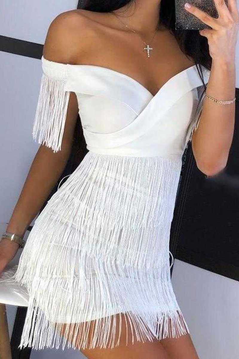 Women's White Fringe Mini Dress Off Shoulder Tassel Party Dress - Seldom Seen Styles
