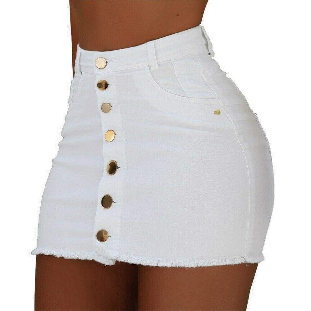 Women's High Waist Denim Mini Skirt Button Front Bodycon Stretch Jean Skirt - Seldom Seen Styles