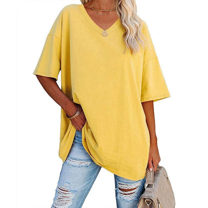 Women's Loose Fit V-Neck T-Shirt Short Sleeve Casual Summer Tops Solid Color Lightweight Breathable Cotton Blend Tee Shirt for Women