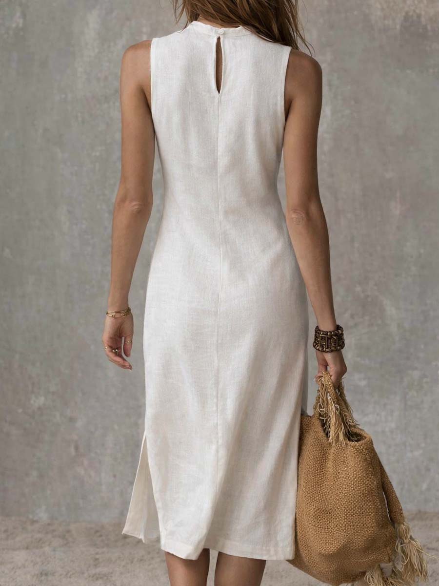 Stand-collar Split-hem Cotton And Linen Midi Dress - Seldom Seen Styles