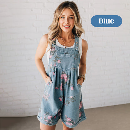 Women Casual Denim Bib Shorts Overalls Sleeveless Adjustable Straps Wide Leg Boho Floral Printed Baggy Rompers