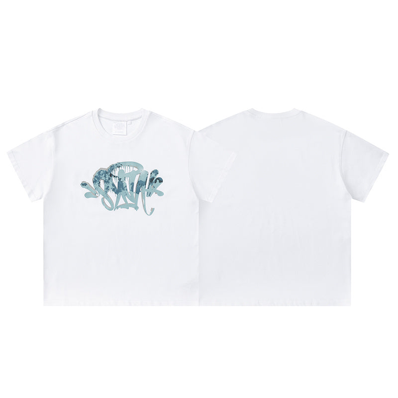 White crewneck short sleeve T-shirt with blue-gray graffiti-style chest graphic - view 1