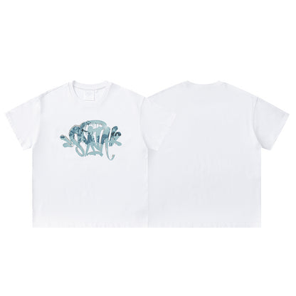 White Graphic Print Crewneck T-Shirt, Blue-Gray Graffiti Streetwear Short Sleeve Tee