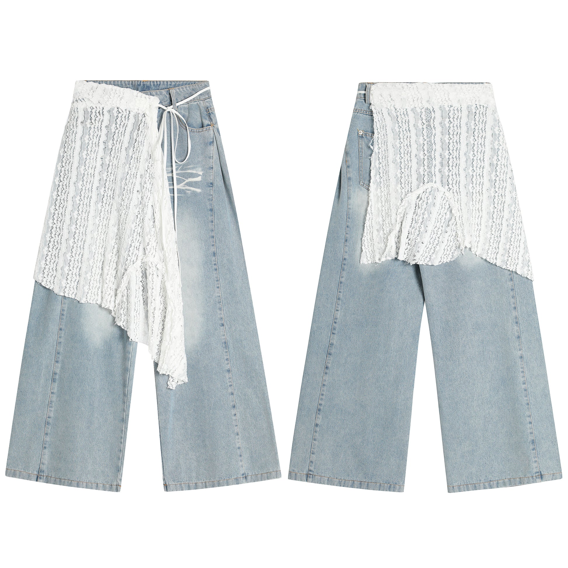White Lace Crochet Patchwork Wide Leg Jeans - Light Blue Front and Back