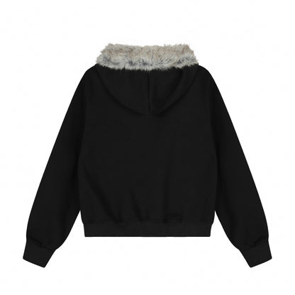 Anime Graphic Faux Fur Collar Zip Hoodie Jacket Studded Streetwear Y2K Grunge Winter Coat