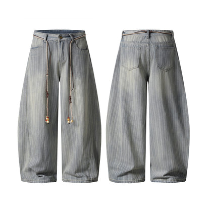 Stripe Texture Balloon Wide Leg Jeans Braided Rope Belt Wooden Bead High Waist Baggy Denim Pants Vintage Streetwear Trousers | Bead Rope