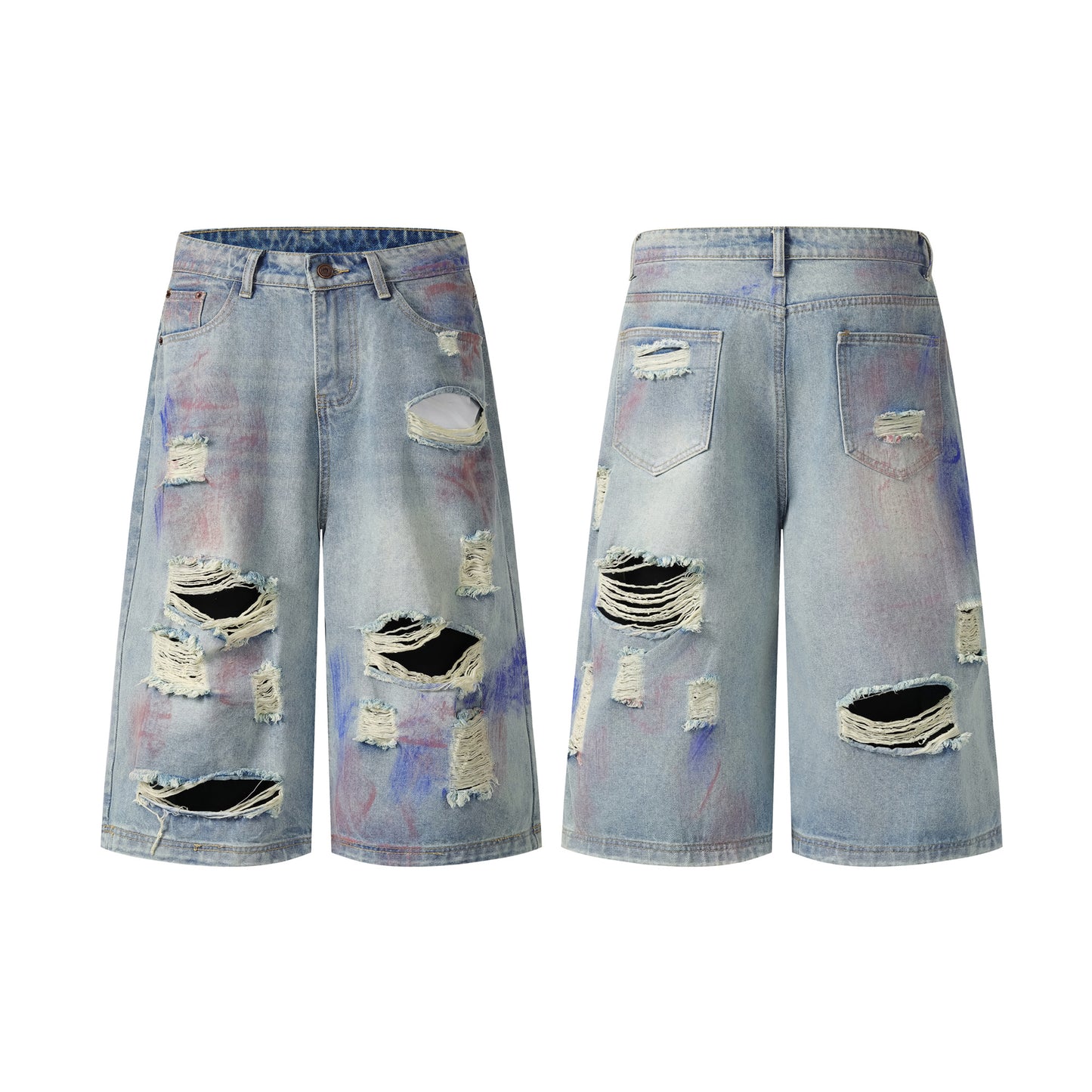 Paint splash ripped denim shorts front and back view