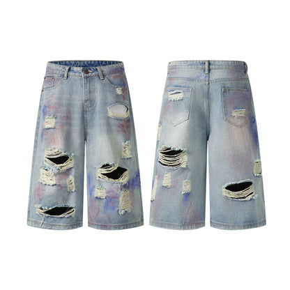 Paint Splash Distressed Ripped Denim Shorts Wide Leg High Waist Washed Streetwear Summer Casual Jean Shorts | Violet Wreck