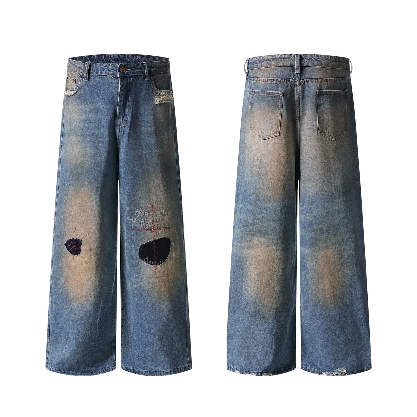 Distressed patch embroidered wide leg jeans front and back view