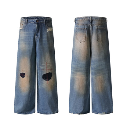 Distressed Patch Embroidered Wide Leg Jeans High Waist Light Wash Mud Dye Cross Stitch Streetwear Denim Trousers | Patch Cross