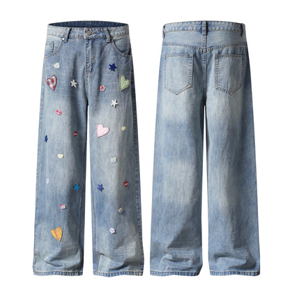 Heart Star Embroidery Patch Wide Leg Jeans Kawaii Colorful Applique High Waist Baggy Denim Pants Streetwear Barrel Trousers | Heart Scatter