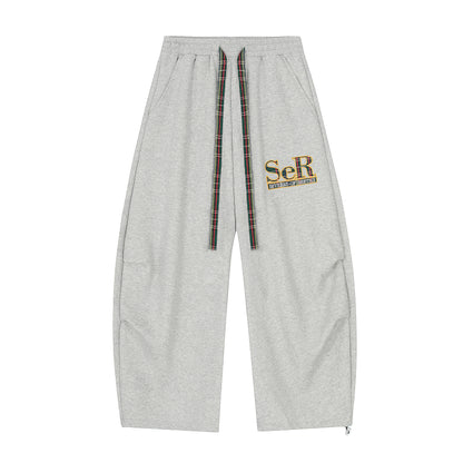 SeR Plaid Drawstring Wide Leg Sweatpants Elastic Waist Zip Hem Streetwear Casual Pants
