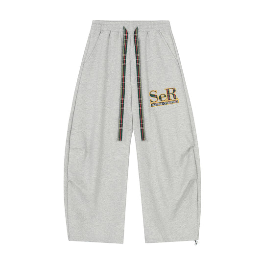 SeR Plaid Drawstring Wide Leg Sweatpants - Brown and Gray Front Side by Side