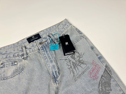 Represent Sketch Allover Print Wide Leg Jeans Heavy Washed Distressed Ripped Raw Hem Straight Denim | Rept Wide