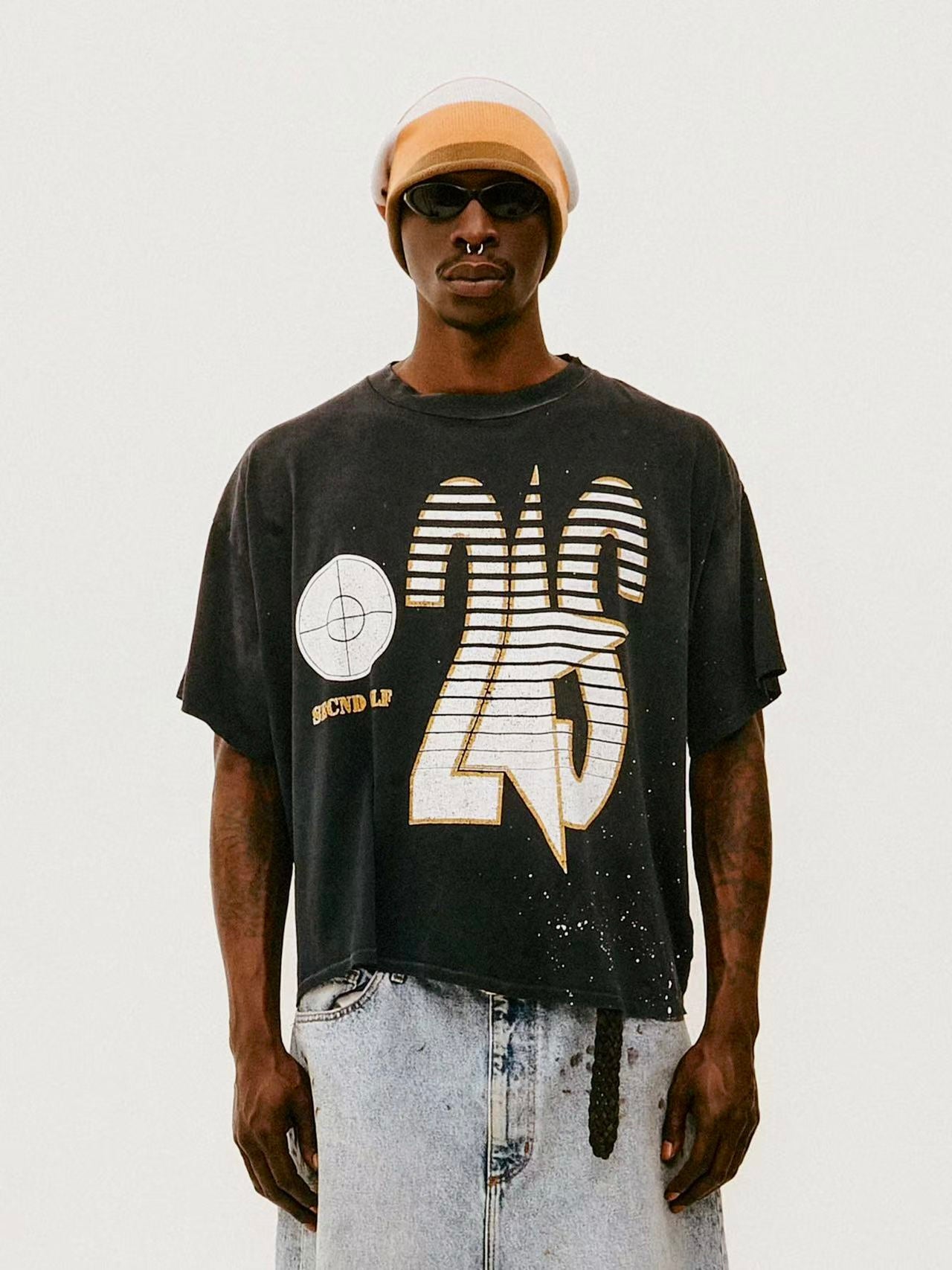 SECND SLF 25 Target Stripe Distressed Short Sleeve Tee Washed Black Boxy Heavy Ink Splash Post-Apocalyptic Streetwear | Target 25 Tee