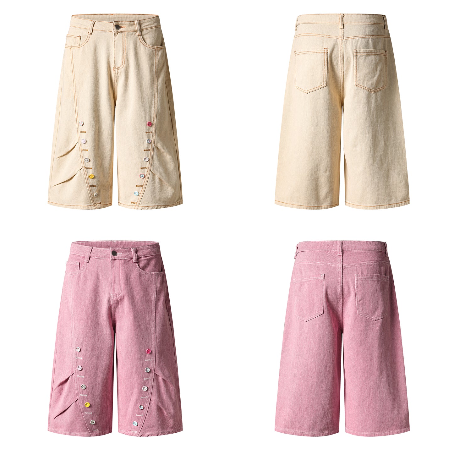 Button Row Wide Leg Denim Shorts - Both Colors Front