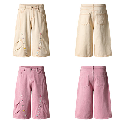 Colorful Button Embellished Wide Leg Denim Shorts Arc Seam Detail High Waist Casual Streetwear Baggy Jean Shorts | Button Row