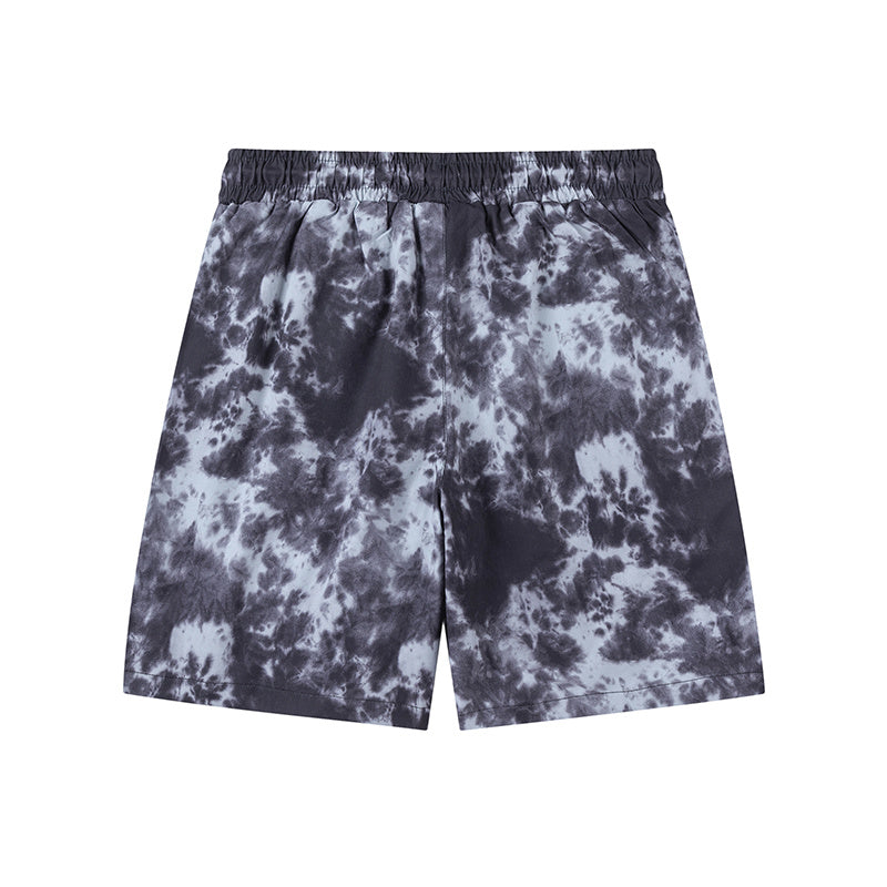 Black and gray tie-dye graphic shorts with drawstring waist and front pockets - view 1