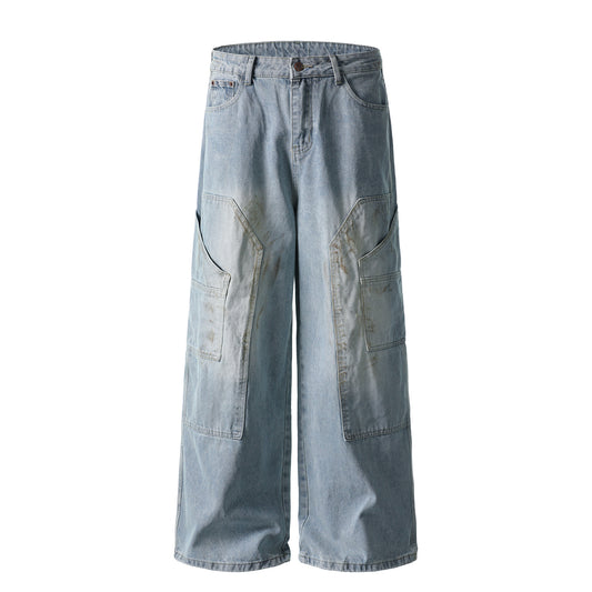 Curved Pocket Cargo Wide Leg Jeans High Waist Light Wash Mud Dye Faded Utility Streetwear Denim Trousers | Pocket Arc