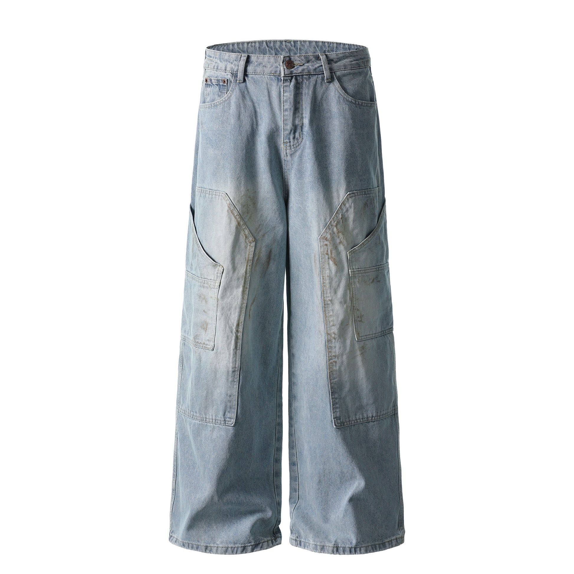 Curved pocket cargo wide leg jeans front view light wash