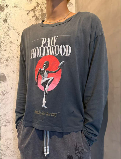 Paly Hollywood Vintage Graphic Print Long Sleeve Oversized Tee Washed Cotton Retro Streetwear Top | Paly Sunset