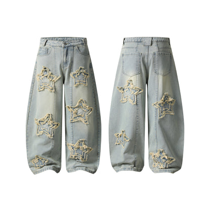 Frayed Star Patch Wide Leg Jeans Hollow Out Distressed Denim Pants High Waist Baggy Streetwear Barrel Leg Trousers | Fray Star