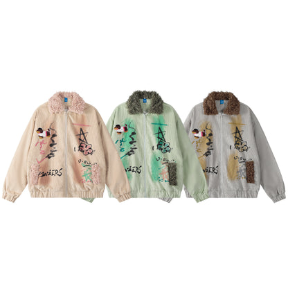 Seveers Graffiti Dog Patch Curly Fur Collar Corduroy Bomber Jacket Oversized Streetwear Y2K