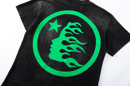 Washed Graphic Print Short Sleeve T-Shirt Flame Face Circle Logo Street Casual Unisex Tee | Green Flame