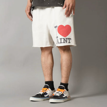 Saint Michael I Love Saint Print Shorts Oversized Cotton Terry Drawstring Raw Hem Streetwear Casual | Saint Love