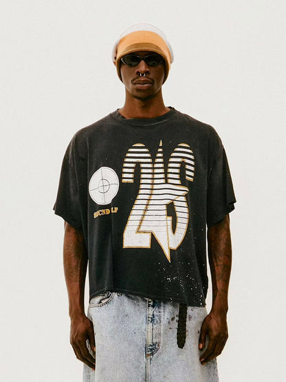 SECND SLF 25 Target Stripe Distressed Short Sleeve Tee Washed Black Boxy Heavy Ink Splash Post-Apocalyptic Streetwear | Target 25 Tee