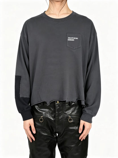 ERD Enfants Riches Deprimes Slogan Pocket Contrast Sleeve Long Sleeve Tee Washed Slate Gray Distressed Wax Dye Patchwork Streetwear | Slate Splice Tee