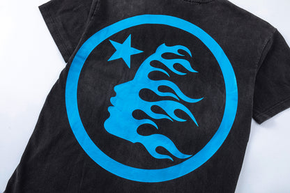 Washed Graphic Print Short Sleeve T-Shirt Flame Face Circle Logo Street Casual Unisex Tee | Blue Flame